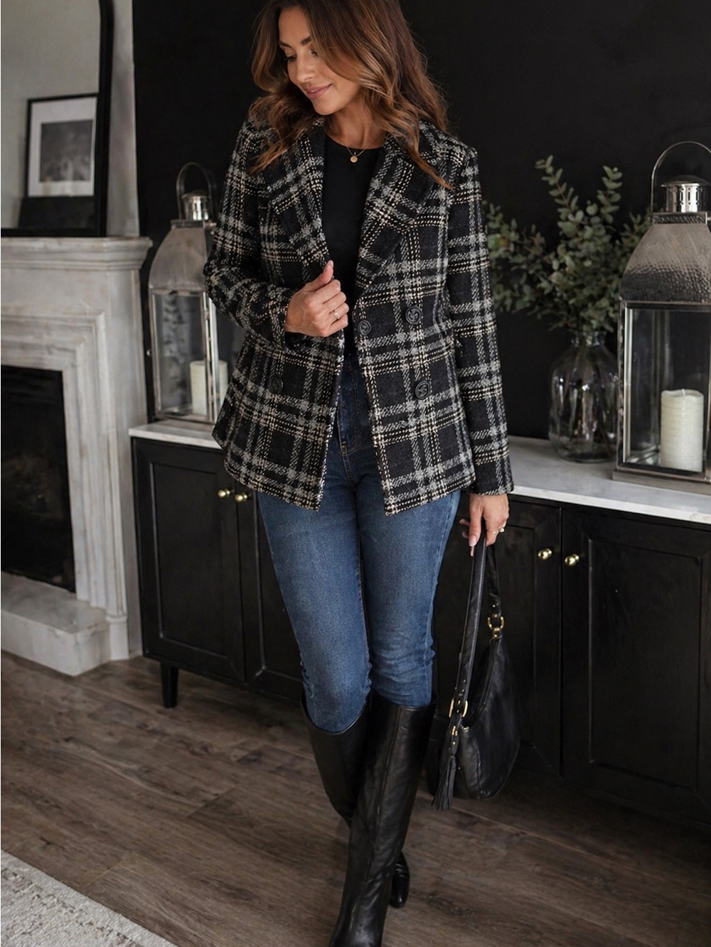 Relativity Plaid Peacoat Jacket Size 8 Black Gray Wool Blend Double Breast